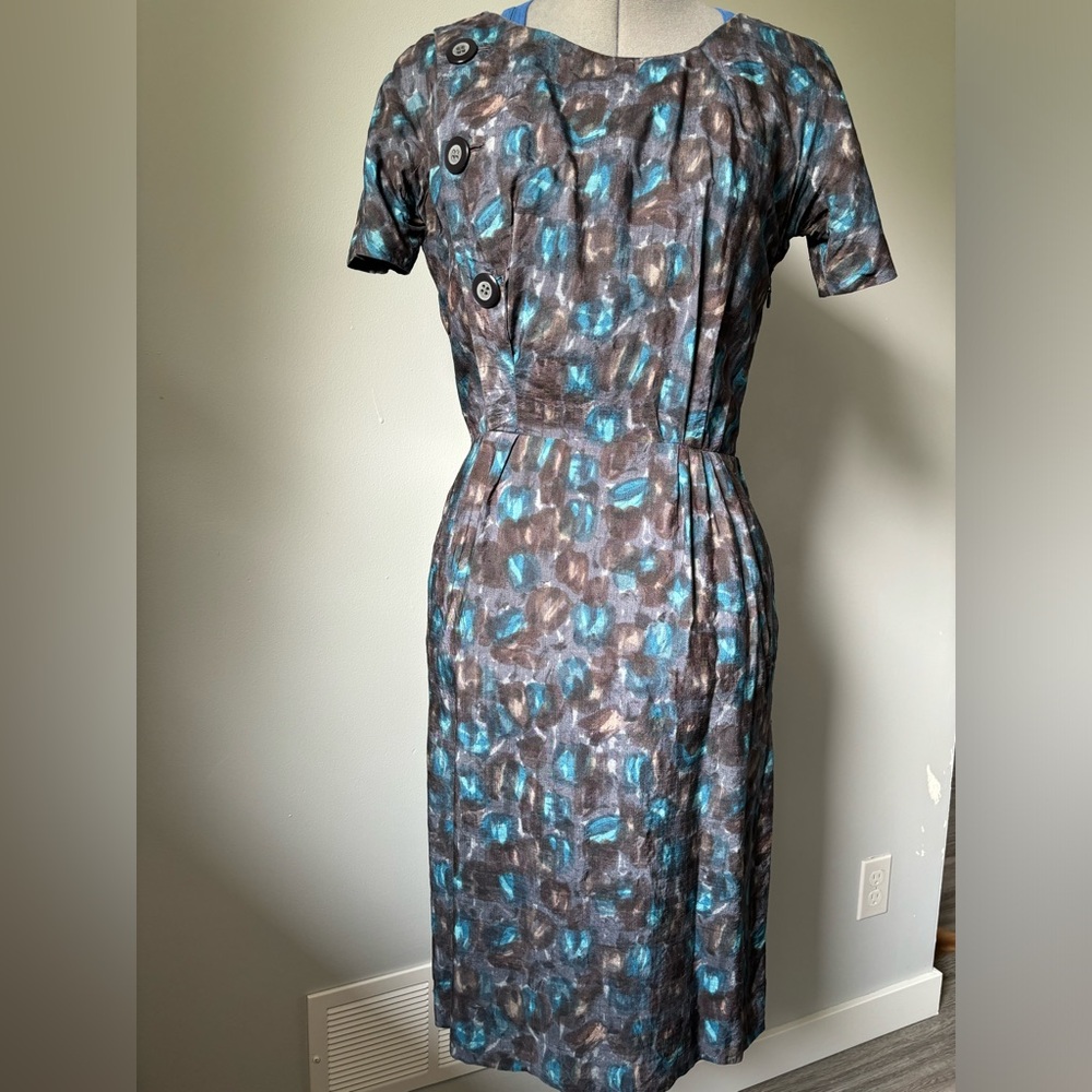 Mid century teal and grey abstract wiggle dress.